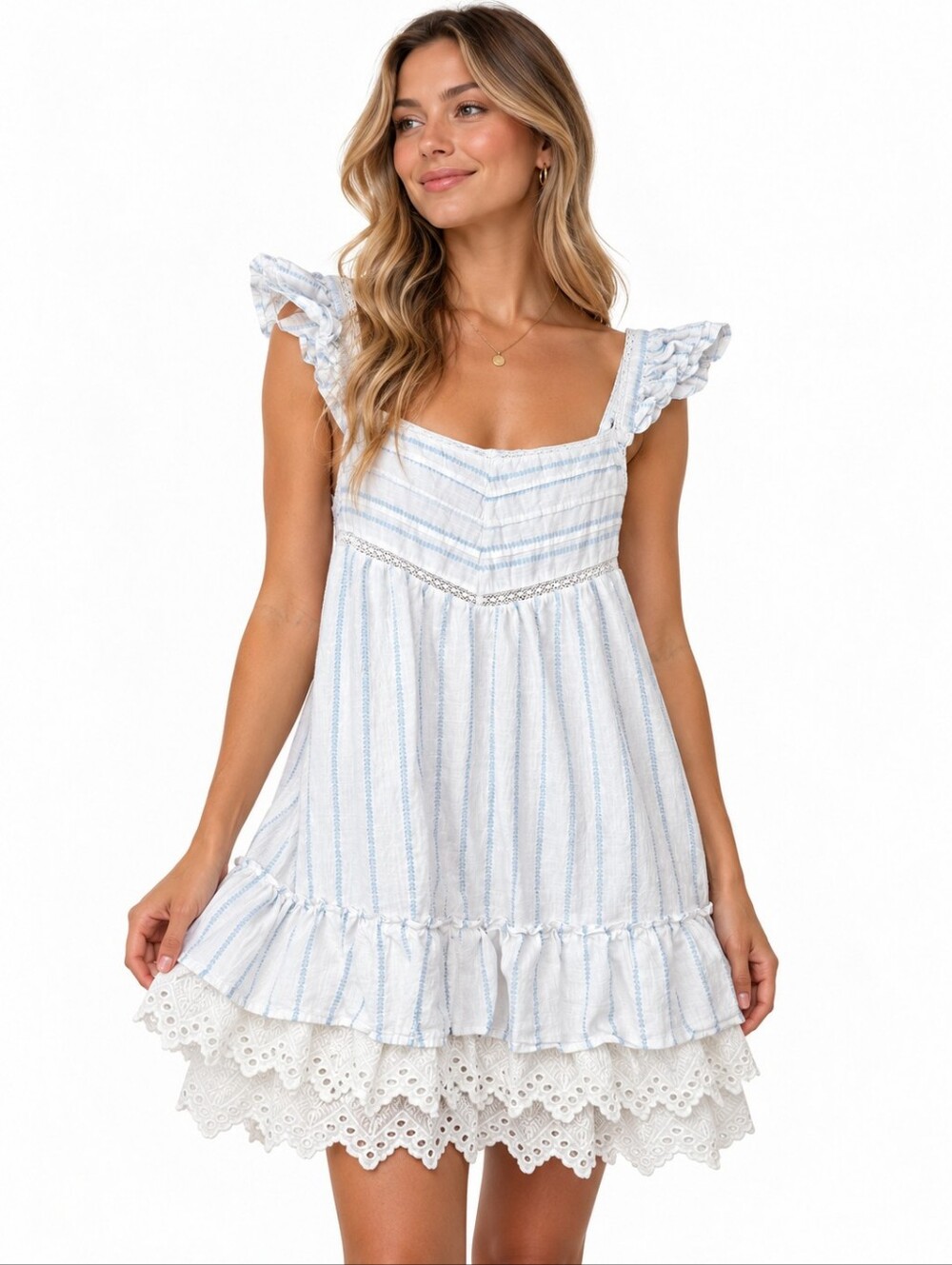Shabby Chic White Blue Stripe Cotton Eyelet Lace Ruffle Dress Size L